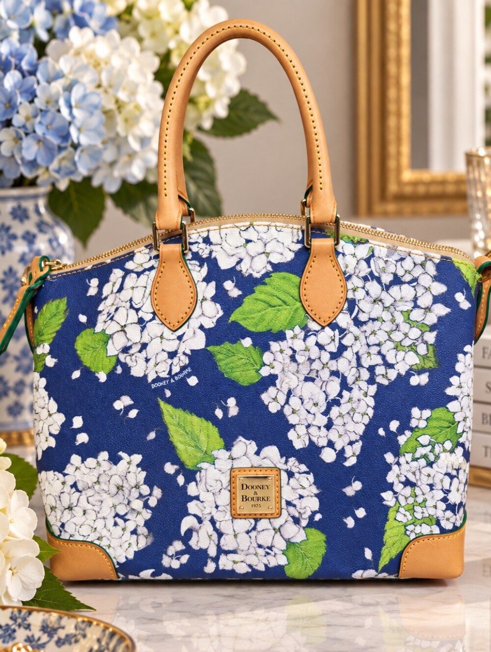 Dooney & Bourke Blue Hydrangea Coated Canvas Satchel with Tan Trim